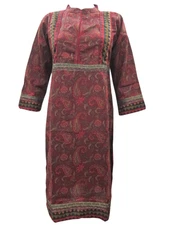 Bohemian Womens Long Kurta Dress Maroon Printed Ethnic Indian Kurta Dress