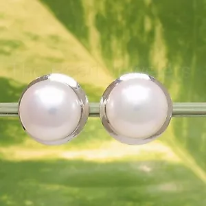 14k White Solid Gold Encircle set Genuine White Cultured Pearl Stud Earrings TPJ - Picture 1 of 3