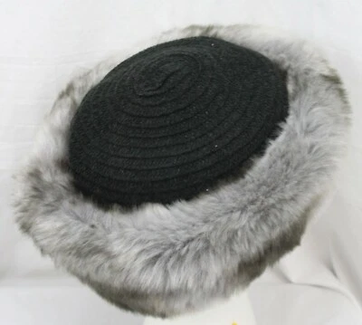 Pristine Vtg Pillbox Hat Faux Fur Black Gray Grey Mid Century Modern Mod Retro - Image 1 of 4