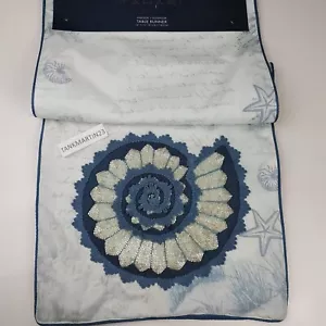 Tahari Seashell Coral Coastal Beach Fabric Beaded Table Runner Ocean Shell - Picture 1 of 8