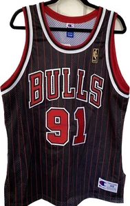 Maglia Champion Chicago Bulls Pin Stripe Rodman NBA logo oro autentica taglia 48 - Foto 1 di 14