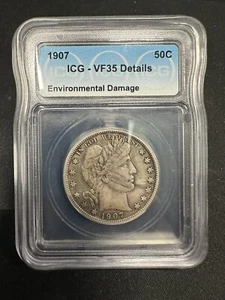 1907 ICG VF35 Details Environmental Damage - BARBER HALF DOLLAR - Picture 1 of 2