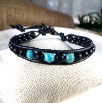 Men's Turquoise and Matte Black Agate 6mm Beaded Wrap Leather Bracelet  USA - Image 1 of 4