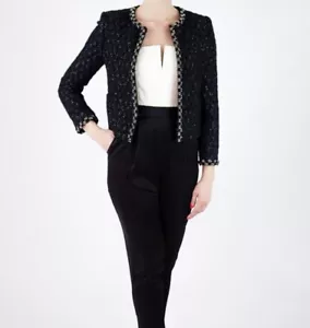 NEW ALICE+ OLIVIA Black Tweed Embellished Open Front Box Jacket S Small - Picture 1 of 9