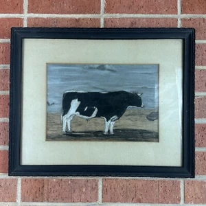 Antique Vintage Original Cow Watercolor Chalk Sketch Framed Folk Art Farmhouse - Picture 1 of 8