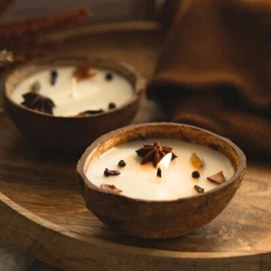 (Set of 2) Handmade Spice Candle Coconut Shell Natural Eco-Friendly Home Decor - Picture 1 of 8