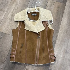 Members Only Brown Suede Shearling Lined Vest Buckle Women's Large Gothic Bike - Picture 1 of 10