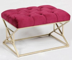 Premium Handmade Tufted Velvet ottoman with Metal Gold bases 44H -Claret Red - Picture 1 of 24