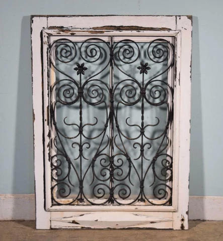 *Antique French Solid Wood Window with Iron Grille and Hinged Window Salvage Cover