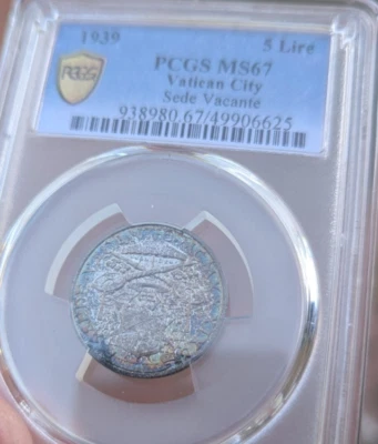 1939 VATICAN CITY 5 LIRE SEDE VACANTE PCGS MS67 TONED TONER PCGS Gold Shield - Image 1 of 4