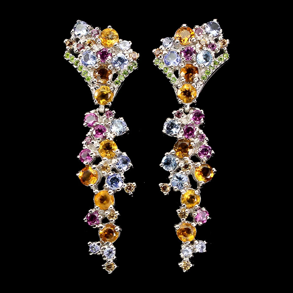 Summer 925 Silver Earrings Round Sapphire Citrine Rhodolite Gemstone Jewelry - Image 1 of 4