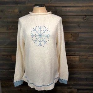 Quaker Factory Sweater Womens M Ivory Sequin Snowflake Hannukah Wool Blend - Picture 1 of 11