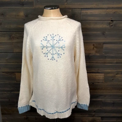 Quaker Factory Sweater Womens M Ivory Sequin Snowflake Hannukah Wool Blend - Image 1 of 4