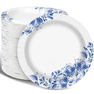 Blue Paper Plates - Bulk 8.5 Inch, 150pcs, Soak & Cut Proof, Flower Printed f... - Picture 1 of 6