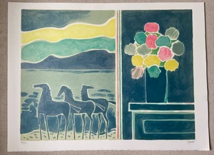 ALBERT ZAVARO WILD HORSES FLOWERS ABSTRACT VINTAGE ARTWORK PRINT Limited edition - Picture 1 of 5