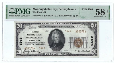 1929 $20 Small National Bank Note, 1st National Bank Monongahela, PA PMG 58 EPQ - Image 1 of 2