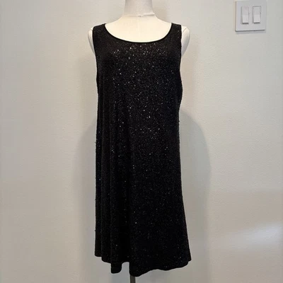 Womens Eileen Fisher Black Sleeveless Silk Blend Knit Sequin Shift Dress Small - Image 1 of 4