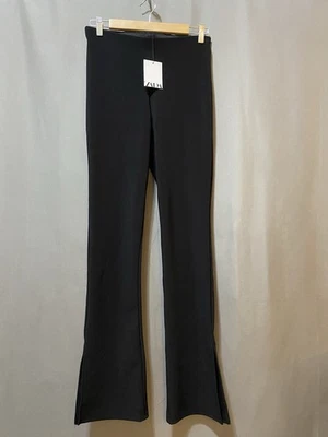 NUEVO CON ETIQUETAS ZARA Mujeres Cintura Elástica Tiro Medio Textura Tejido Abertura Acampanada Pantalones Talla L Negro Foto 1 de 4