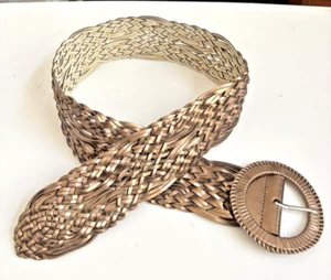 VTG METALLIC COPPERY GOLD FAUX LEATHER 4" WIDE WOVEN BIG BOLD BUCKLE BELT BOHO - Picture 1 of 5