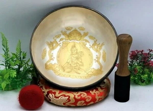 10" Gold & silver carved Buddha singing bowl, Handmade yoga bowl, home & living - Picture 1 of 5