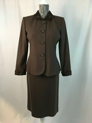 Kasper ASL Petite 棕色西装动物印花人造毛皮衣领 8P 码 — 第 1/4 张图片