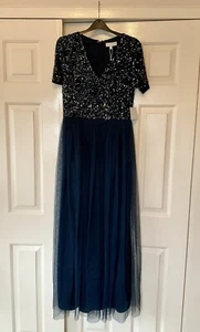 maya bridesmaid short sleeve maxi tulle dress with sequins in navy, 10. BNWT - Picture 1 of 11