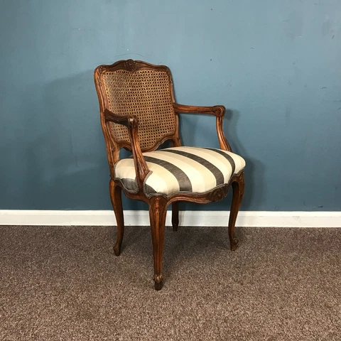Petite Vintage French Caned Back Silk Upholstered Louis XV Armchair  3 Available Cover