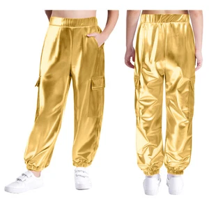 Unisex Kids Pants Shiny Dancewear Metallic Trousers Costumes Training Jazz Boys - Picture 1 of 127