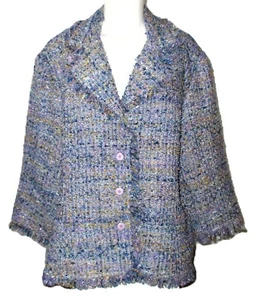 Coldwater Creek Fringed Boucle Blazer Jacket Tweed Purple 3/4 Sleeve Lined - XXL - Picture 1 of 24