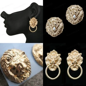 LION EARRINGS stud/hoop GOLD FASHION studs BLING HIP HOP vintage DOOR KNOCKER - Picture 1 of 21