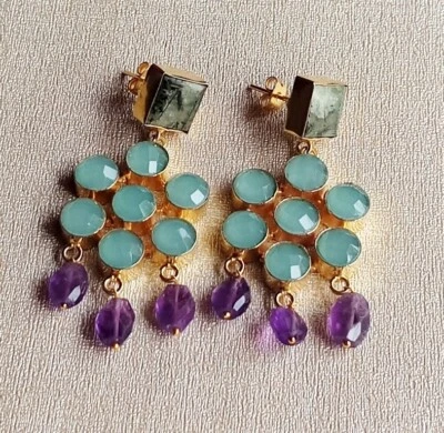 Impresionante Pendiente Colgante Chapado en Oro Variedad de Piedras Semipreciosas Diseñador Foto 1 de 4