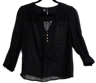 MANGO SUIT BLACK SHEER BLOUSE 3/4 SLEEVE GOLD BUTTONS TOP WOMEN'S SIZE SMALL - Image 1 of 4