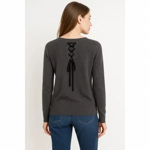 NWT PLY Cashmere 100% Cashmere Sweater - Lace Up Back - Charcoal Grey Medium - Picture 1 of 9