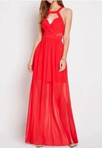 NEW BCBGeneration Chiffon Lace Double Slit Cutout Gown Size 2 Red - Picture 1 of 8
