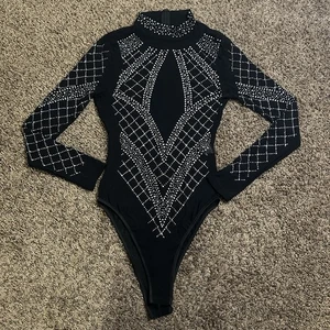 Body completo unico Bedazzled rete scintillante collo tartaruga nero taglia small - Foto 1 di 12
