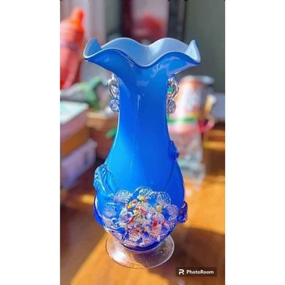 Jarrón de vidrio chino vintage con estuche azul blanco flor de ciruelo, flores de vidrio aplicado Foto 1 de 4