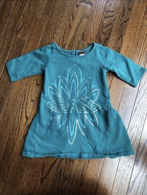 Tea Collection Girls 3Y Green A-Line Long-Sleeve Silver Flower Cotton Dress - Image 1 of 4