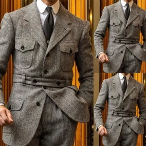 Vintage Tweed Men Safari Jackets with Belt Hunting Coat Multi Pockets Blazer - Picture 1 of 6