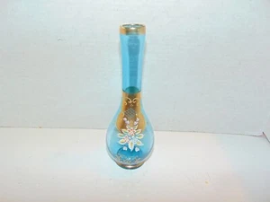 Vintage Hand Painted Floral Decorative Japanese Blue Glass Vase 8" Murano Style - Picture 1 of 9
