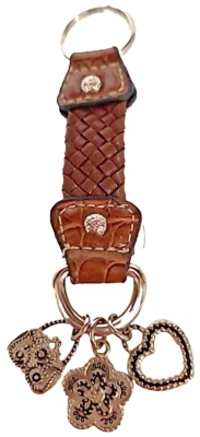 Leather Braided Double Loop Keychain Silver Metal Charms Heart Flower Purse 5.5" - Изображение 1 из 4