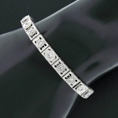 Antique Art Deco White Gold & Platinum European Diamond Filigree Line Bracelet - Image 1 of 4