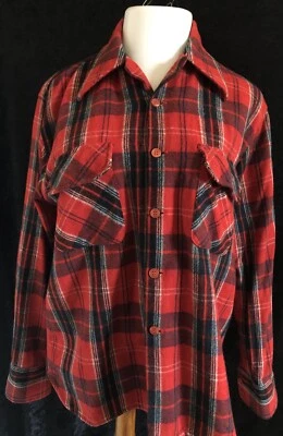 Винтажная фланелевая рубашка 60-х шерстяная смесь красный черный Sears Kings Road мужская размер большой - Изображение 1 из 4
