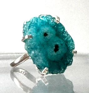 925 Sterling Silver Dyed Quartz Geode Ring Size 7.75 Teal Blue Drusy Slice - Picture 1 of 9