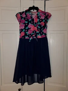 Faded Glory - High Low Dress - sz L (10-12) - Navy Floral - Cap Sleeve - Collar - Picture 1 of 3