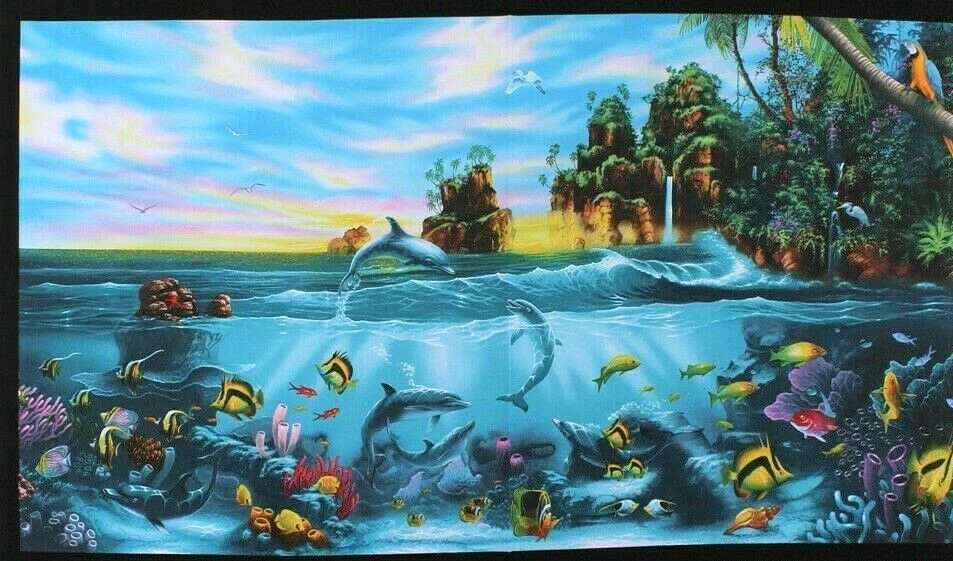 Panel de tela edredón 100 % algodón Elizabeths Studio Paradise Found Beach Sea Reef Foto 1 de 1