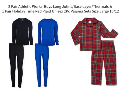 Athletic Works Holiday Time Boys Lot 3 Thermals /Plaid 2pc Pajama Set Sz L 10-12 - Image 1 of 4