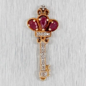 Vintage Red Ruby Crown & Diamond Key Pendant Charm - 14k Yellow Gold - Picture 1 of 6