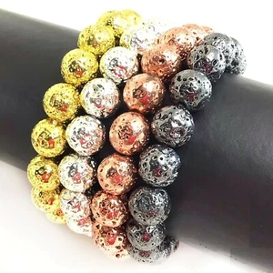 Handmade Gemstone Metallic Lava Men Bracelet Stretch Balance 7.5" Beaded Chakra - Picture 1 of 53