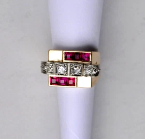Vtg. Deco lab created ruby & genuine diamond wide rose gold 14K ring - Picture 1 of 12