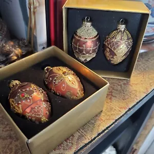 Bejeweled Easter Egg Ornaments Brown & Gold Faberge Gilded Style Set of 4 - Picture 1 of 24